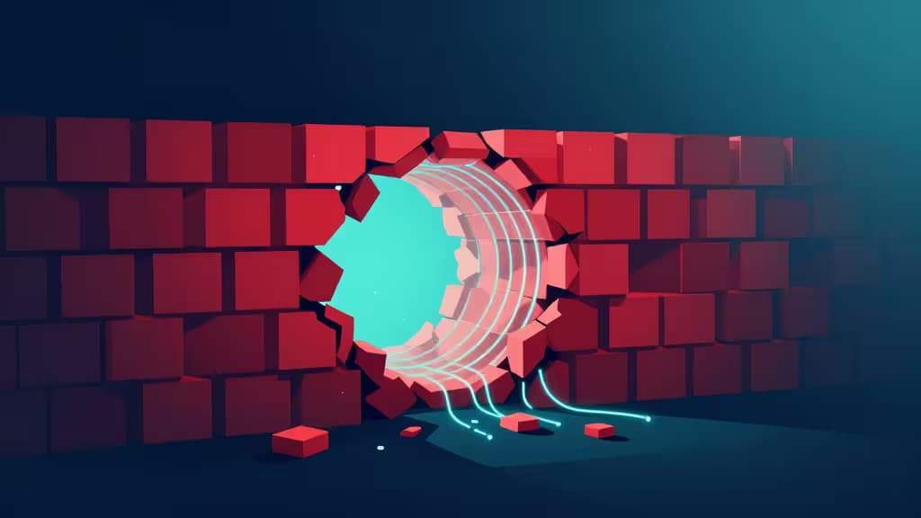 Un muro de ladrillos rojos se rompe revelando un túnel cian brillante con estelas de luz que simbolizan la censura de internet eludida.