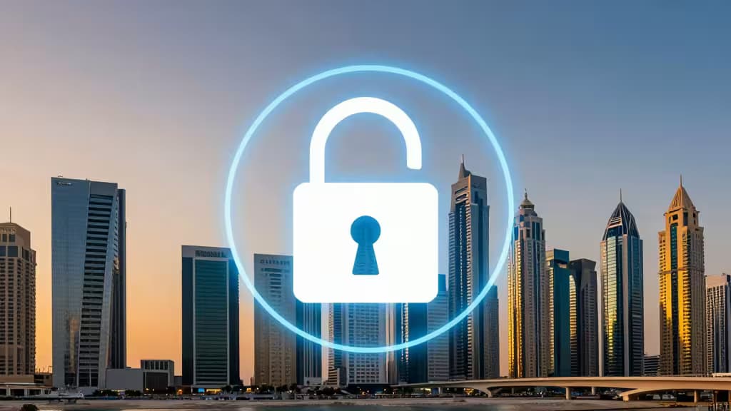 Glowing padlock icon overlays Dubai skyline at sunset, symbolizing secure travel VPN protection.
