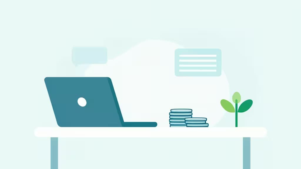 Abstracte illustratie van een minimalistisch bureau met laptop, munten en een groeiende plant, in zachte blauwe en groene tinten, als symbool voor startup banking.