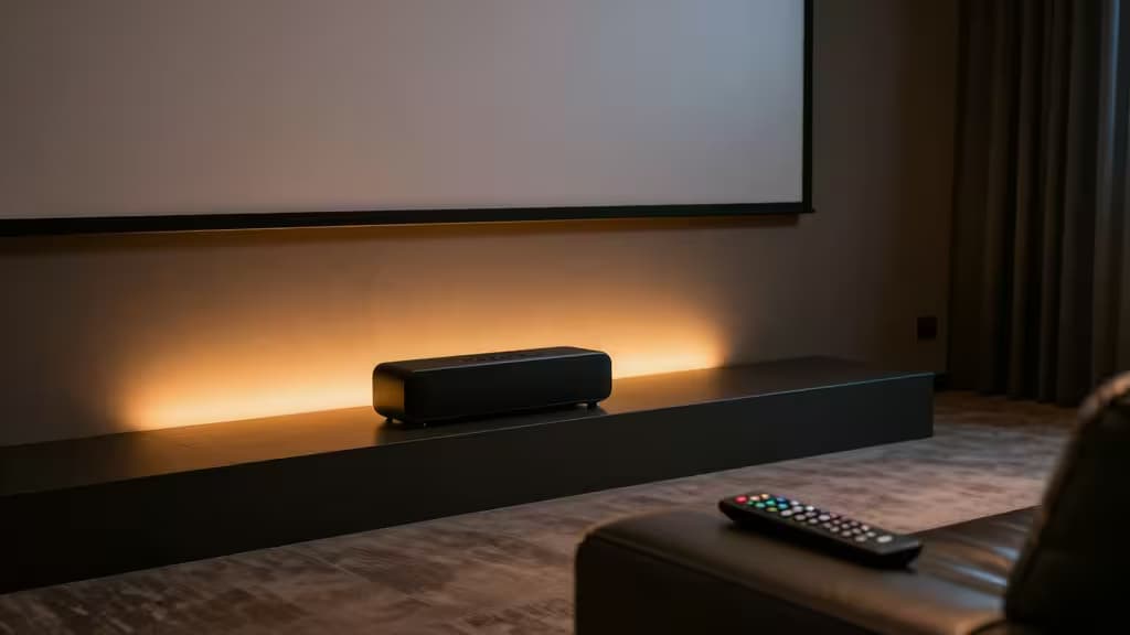 Schwarzer Soundbar auf schwebendem Regal, warmes LED-Licht, Fernbedienung im Vordergrund.