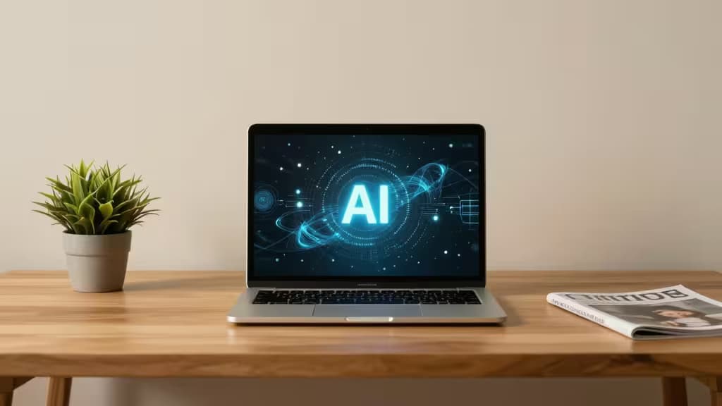 Een strakke laptop met gloeiende 'AI'-deeltjes op een minimalistische houten bureau naast een plant en een magazine.