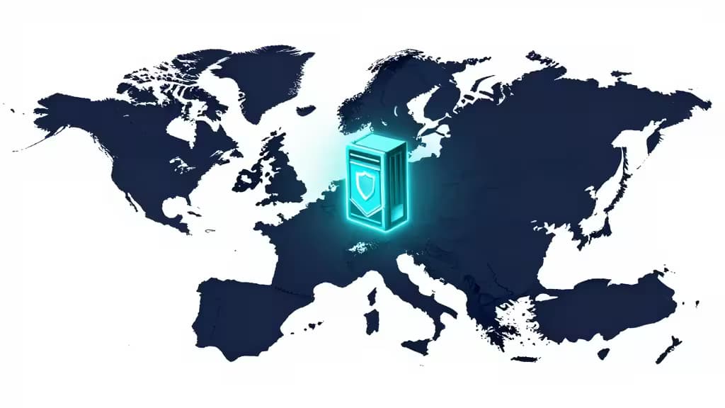 Abstrakte Illustration eines leuchtenden Server-Knotenpunkts auf einer dunklen Europakarte mit Schild-Symbol, das Konzept einer dedizierten IP-Adresse darstellend
