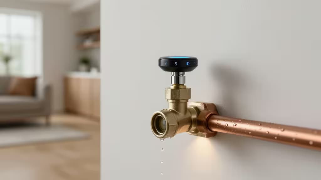 Smart brass valve with digital display automatically shuts off water flow to prevent leaks.