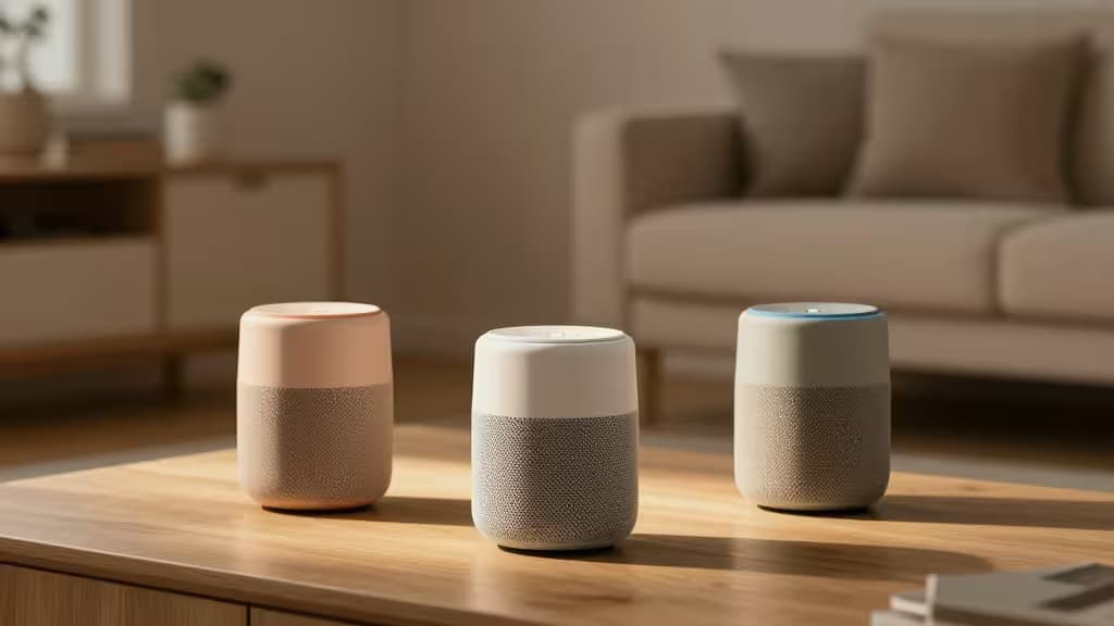 Three smart speakers on wooden table: peach, white, and gray with mesh texture.