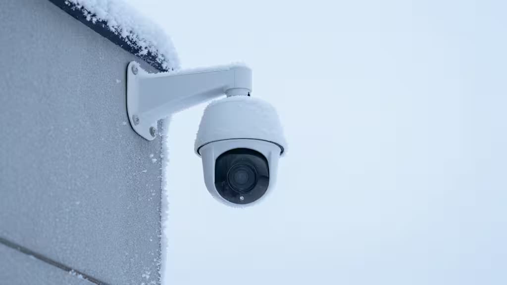 Une caméra de sécurité blanche montée sur un mur couvert de givre, son objectif et son boîtier enneigés, sur fond de ciel d'hiver pâle.