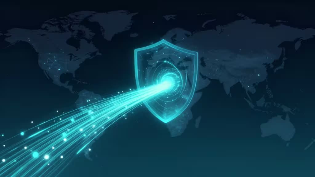 Abstract illustration of a secure streaming tunnel with glowing data streams flowing through a shield over a dark world map