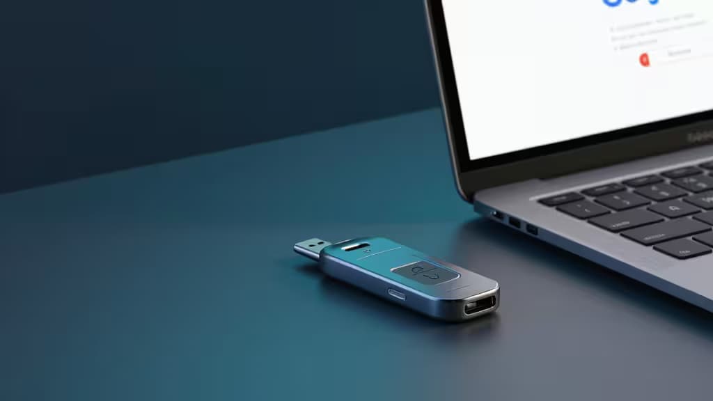 Металлический FIDO2-ключ безопасности с USB-C разъёмом и сенсорной кнопкой лежит рядом с ноутбуком на столе в бирюзовых тонах, готовый к WebAuthn-аутентификации.