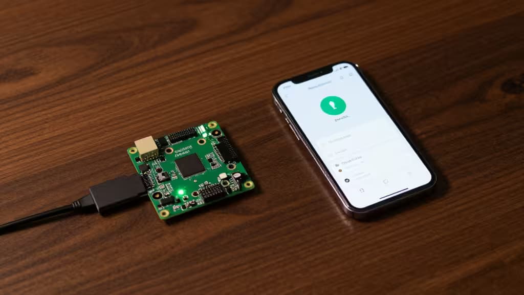 Una Raspberry Pi y un smartphone descansan sobre una superficie de madera, ilustrando la configuración de un gestor de contraseñas auto-alojado.