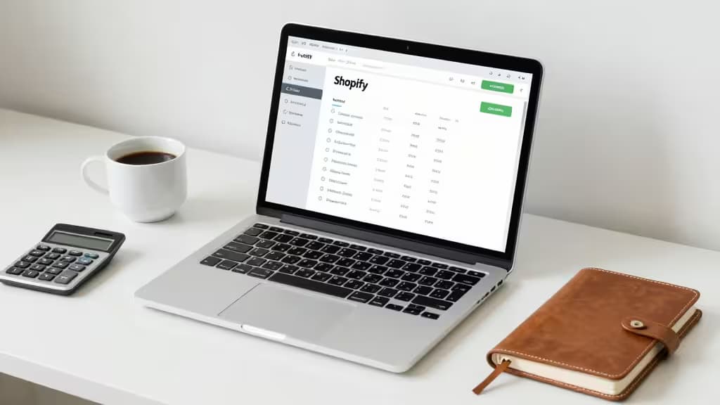 Laptop displays Shopify dashboard beside coffee, calculator, and leather notebook on white desk.