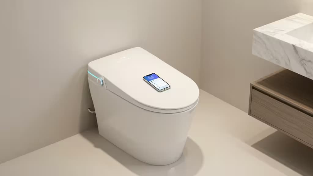 A modern bathroom with a sleek white smart bidet toilet seat and a smartphone displaying a bidet control app on a marble counter.