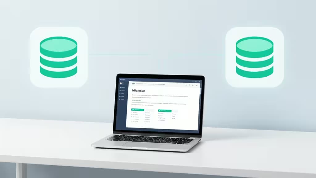 Laptop displays migration interface with two floating database icons, symbolizing MongoDB data transfer tools.