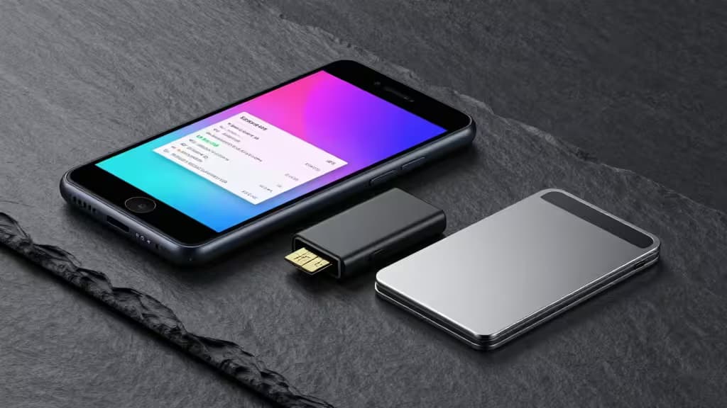 Three sleek hardware wallets rest on dark slate beside a smartphone displaying a crypto app.