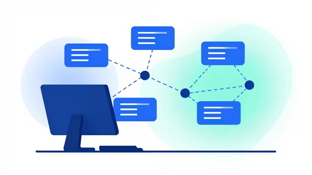 Un computer collega più nodi dati tramite linee tratteggiate, simboleggiando gli strumenti di API mocking per sviluppatori frontend.