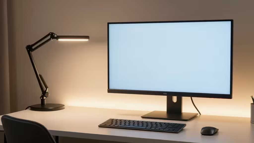 Monitor negro sobre escritorio blanco con teclado, ratón y lámpara.