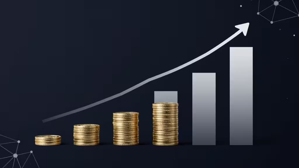 Stacks of gold coins rise beside ascending bar graphs and a soaring arrow, symbolizing growth through dollar-cost averaging in crypto investing.