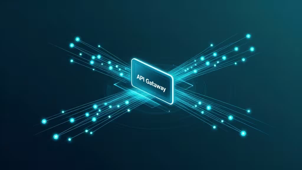 Abstract illustration of interconnected microservices nodes routing data through a central glowing gateway portal in teal and blue tones.
