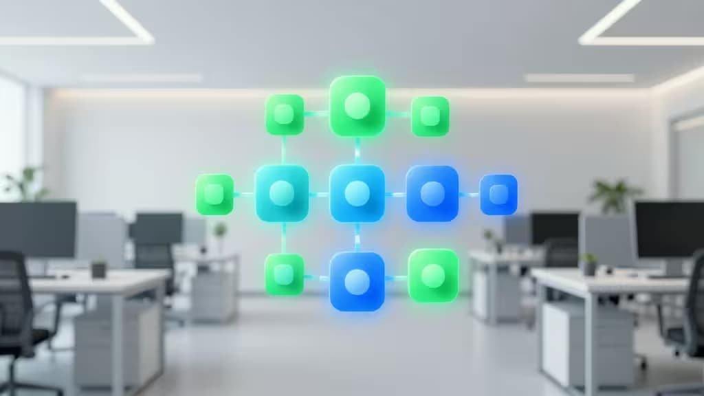 Glowing green and blue network nodes float above blurred office desks, symbolizing Kubernetes cost optimization tools.