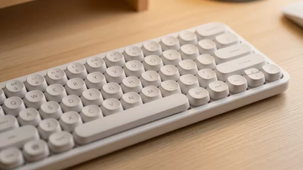 Compact white Alice-layout keyboard with round keycaps rests on light wood desk.