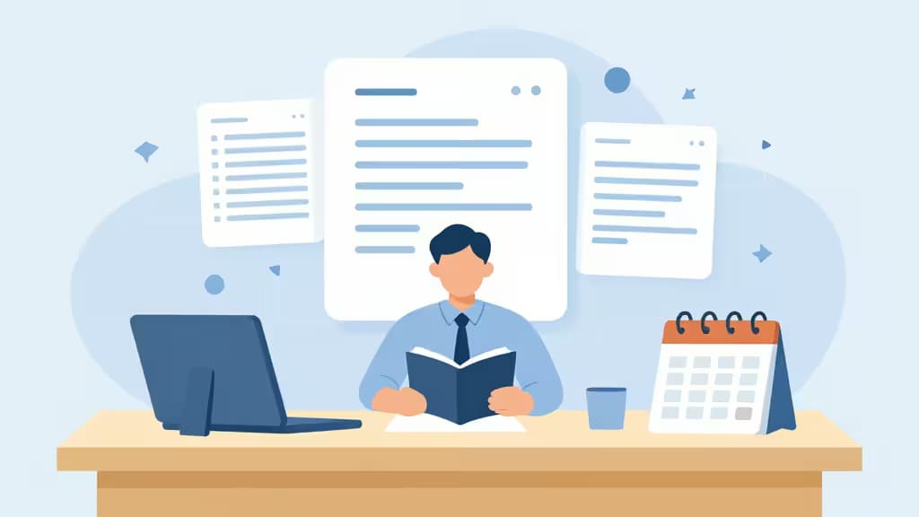 Abstract illustration of a project manager's workspace with floating AI task cards, calendar blocks, and workflow arrows in blue and amber tones