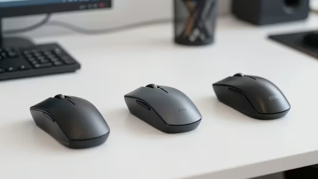 Three matte black wireless mice rest on a white desk, showcasing sleek designs for comparison.