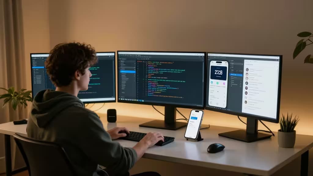 A solo developer codes on three monitors, with a smartphone displaying an app interface on the desk.