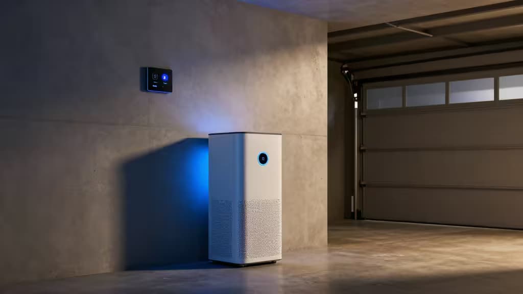 Sous-sol moderne avec purificateur d'air connecté et capteurs muraux, éclairage d'ambiance bleu et chaud