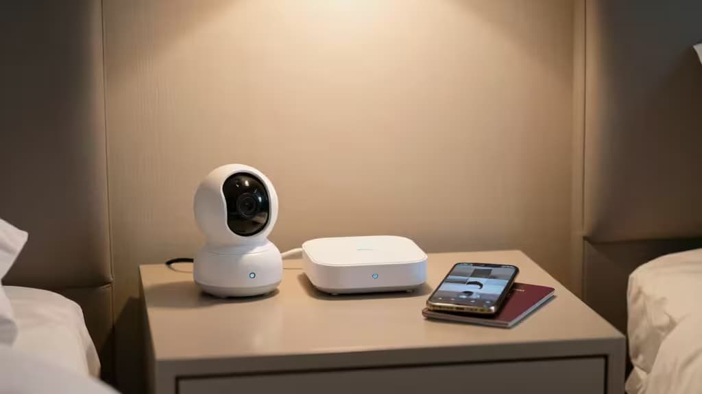 White portable camera and hub on hotel nightstand beside smartphone displaying live feed.