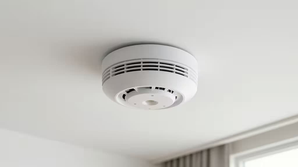 Weißer Smart-Rauchmelder an einer Decke in einem modernen, minimalistischen Zuhause mit sanftem Tageslicht.