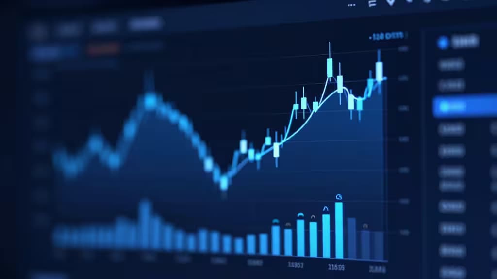 Abstract digital trading dashboard with glowing candlestick charts and cryptocurrency symbols in deep navy and electric blue tones