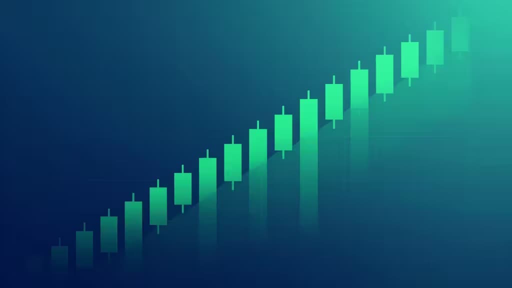 Green candlesticks ascend in a staircase pattern against a gradient blue background, symbolizing steady growth through DCA.