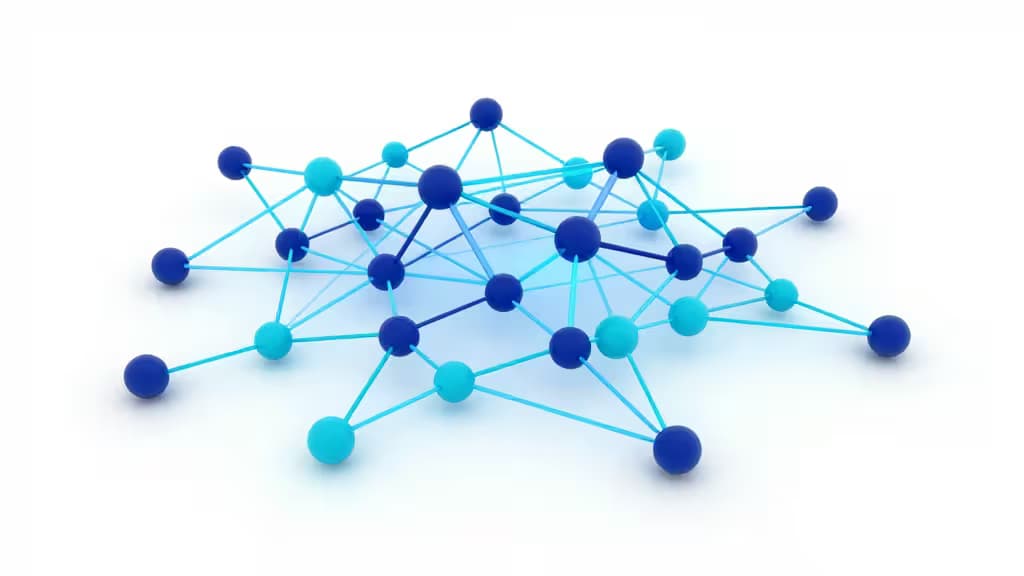 Blue and cyan spheres connected by lines form a 3D network visualization on white background.