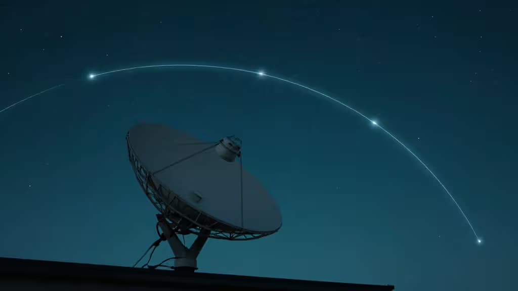 A satellite dish receives Starlink signals under a starry sky, illustrating secure VPN connectivity for satellite internet users.