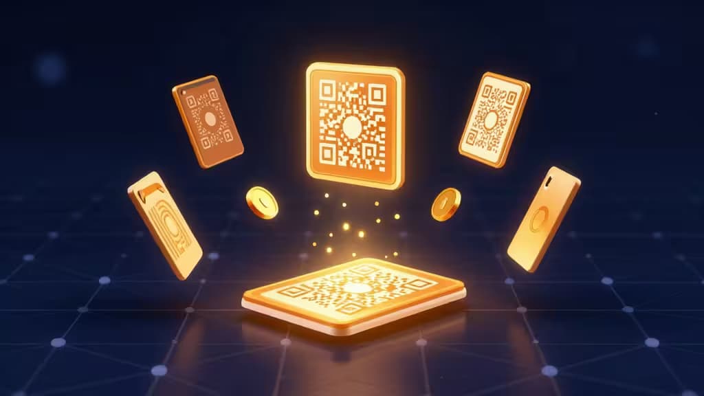 Golden QR codes and hardware wallets float above a glowing grid, symbolizing secure crypto airdrop farming across multiple wallets.