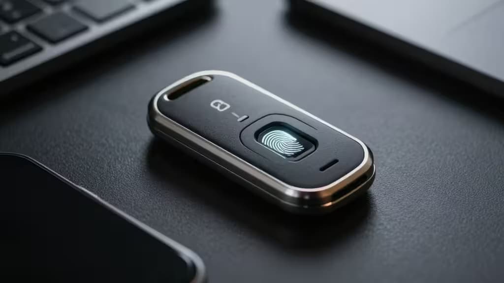 Sleek black and silver biometric key with glowing fingerprint sensor rests on dark desk beside keyboard.