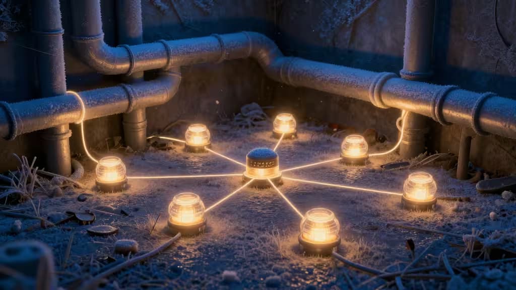 Glowing sensor nodes connect to frost-covered pipes, illustrating a smart home network preventing frozen pipes through integrated detection and protection.