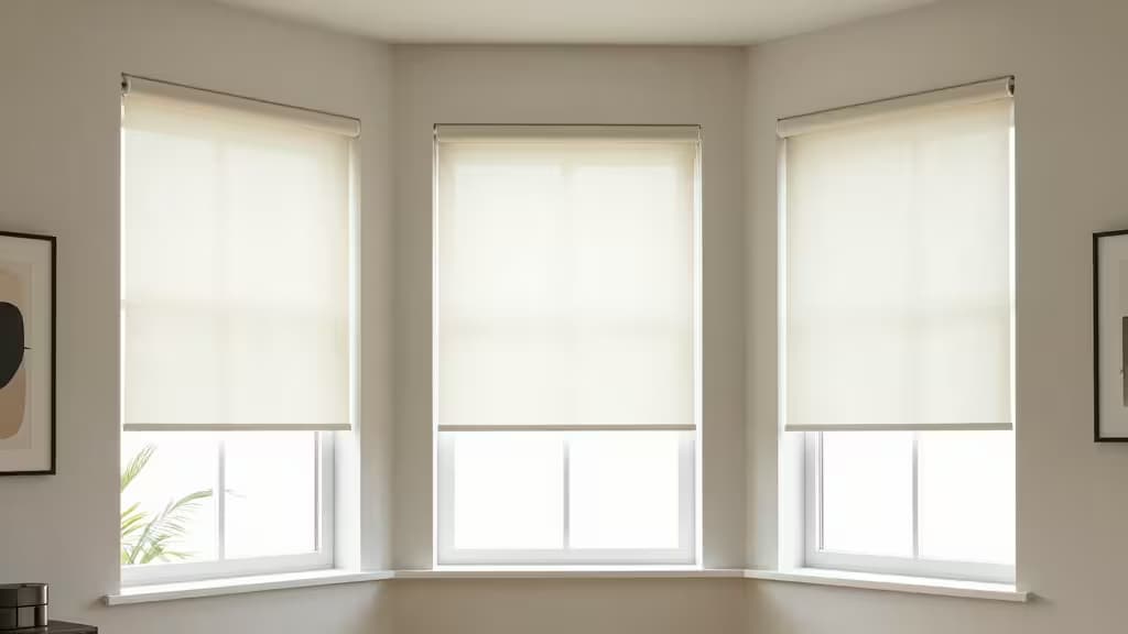 Three motorized roller blinds cover a modern bay window in a minimalist living room.