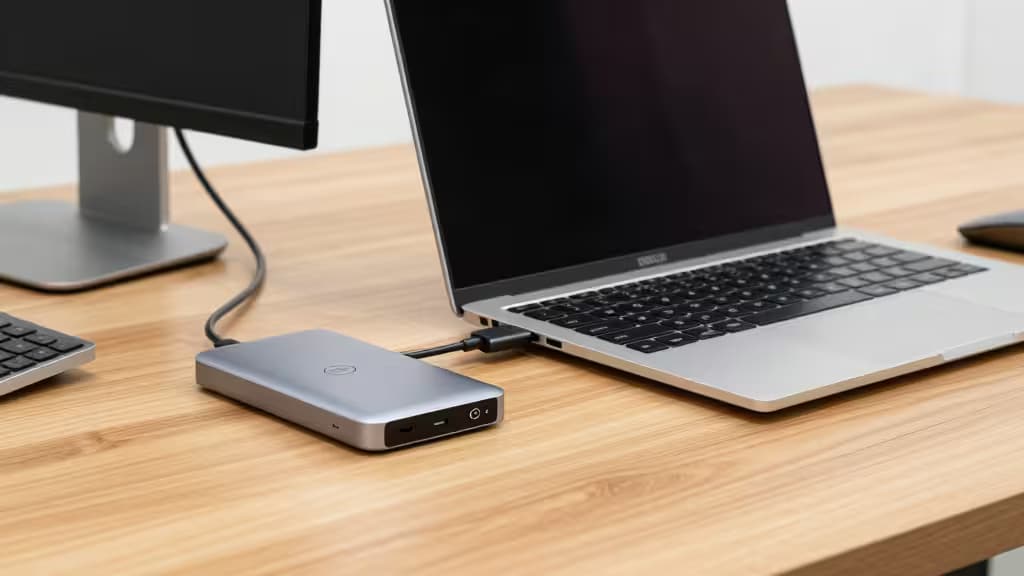 Silver USB-C hub connects to Dell XPS 15 on light wood desk.