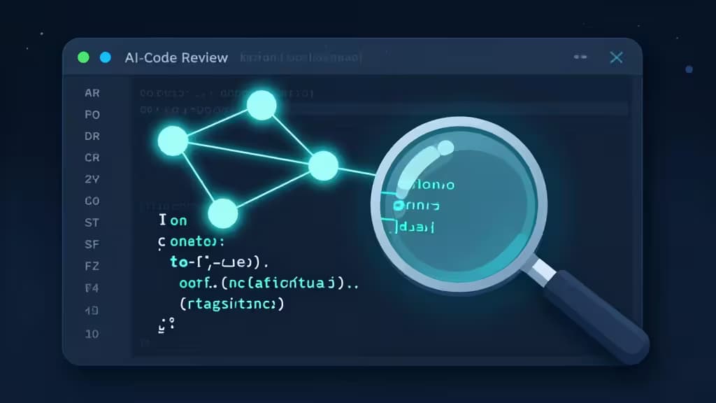 A glowing magnifying glass inspects a cyan git branch graph within a dark code editor interface.