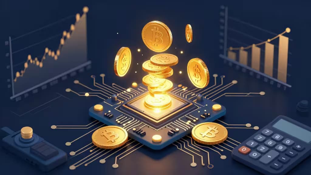 Золотые монеты Bitcoin парят над светящейся микросхемой на плате, символизируя доход от майнинга криптовалют и учёт цифровых активов.
