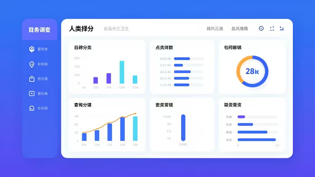 Blue dashboard displays bar charts, line graphs, and circular metrics for application performance monitoring.
