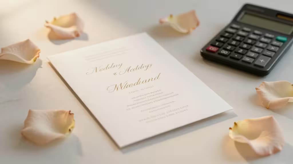 Elegant wedding planning scene with a soft-focus table featuring a wedding invitation, calculator, and scattered rose petals in warm golden light.