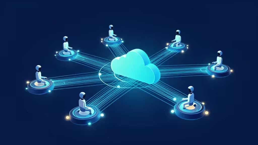 Abstracte illustratie van een gedecentraliseerd AI-agentnetwerk met gloeiende knooppunten en datastromen in blauwe en turquoise tinten