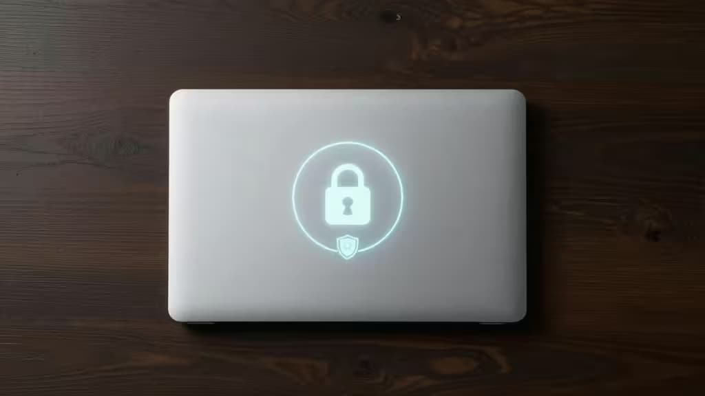 Un ordinateur portable argenté sur un bureau en bois sombre affiche une icône de cadenas et de bouclier lumineux, symbolisant une IA sécurisée.