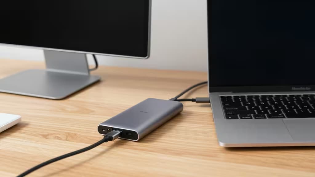 A sleek silver USB-C hub connects to a MacBook Air on a light wood desk.