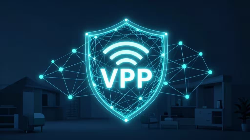 Glowing blue shield with VPN and Wi-Fi symbol, surrounded by interconnected nodes, floats over a dimly lit modern living room.