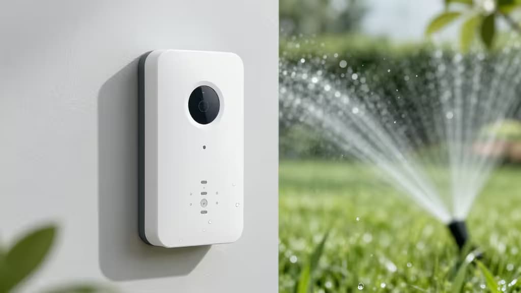ガーデンウォールに取り付けられたスマート散水コントローラーと背景に広がる緑の芝生とスプリンクラー