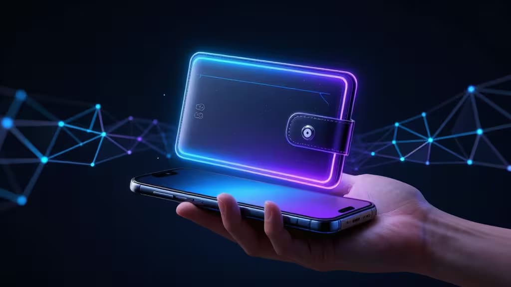 Hand holds smartphone with glowing holographic DeFi wallet interface, connected to digital network nodes.