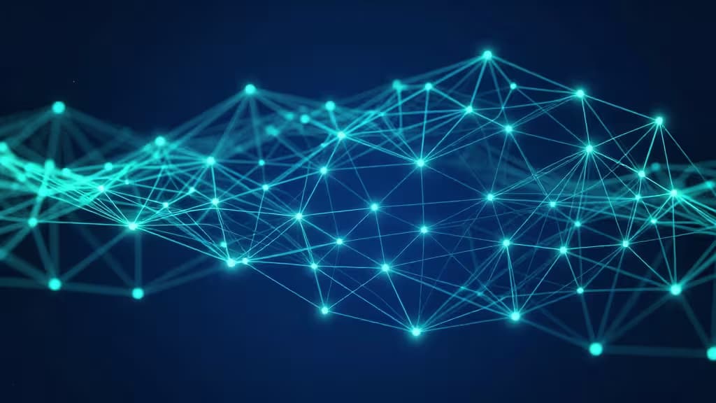 Glowing cyan nodes and lines form a dynamic network on a dark blue background.