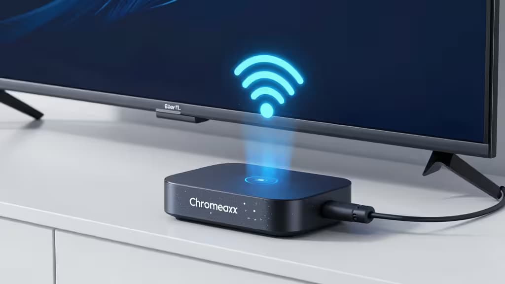 Chromecast device connected to a TV with a router and network equipment nearby in a clean modern setup