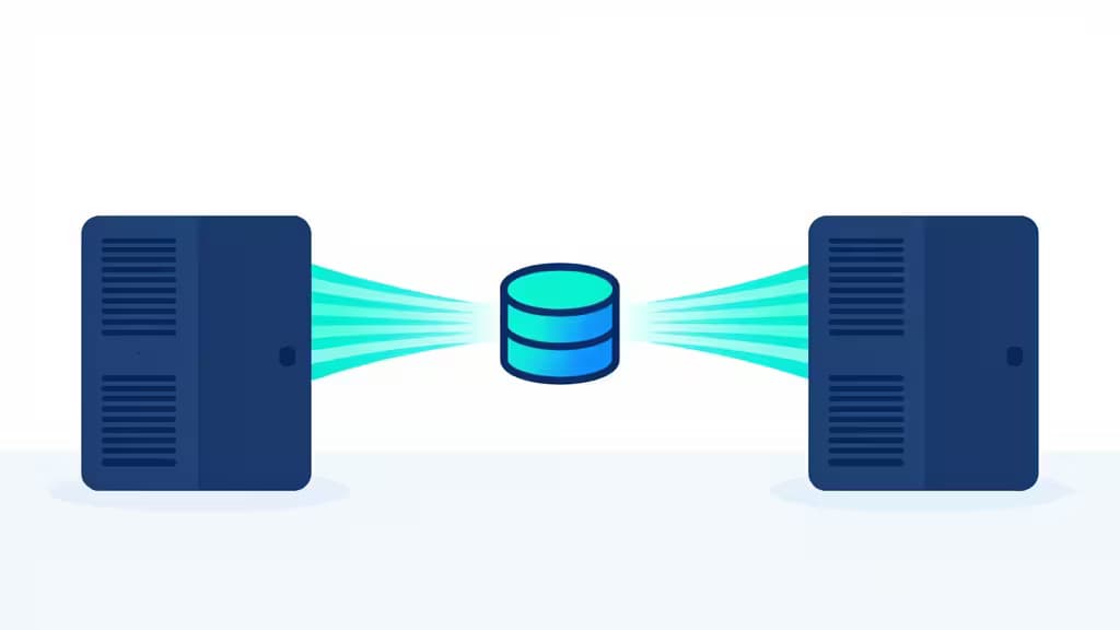 Due server si collegano a un database centrale tramite flussi di dati luminosi, a simboleggiare una migrazione MongoDB senza intoppi.